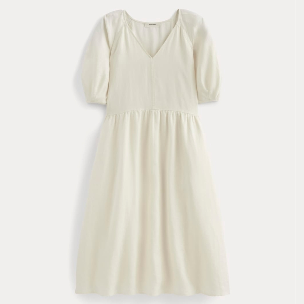 Everlane Linen Puff Sleeve Midi Dress in Bone size Medium